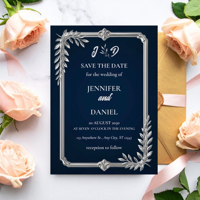 Luxo Azul Marinho e Prata Casamento Save the Date (Criador carregado)