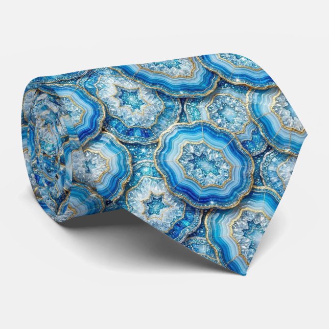 Luxo em Falso Seda | Gravata Oceano Azul Geodo (Rolled)