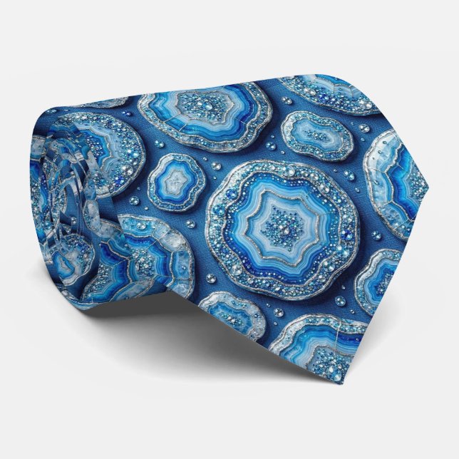 Luxo em Falso Seda | Gravata Oceano Azul Geodo (Rolled)