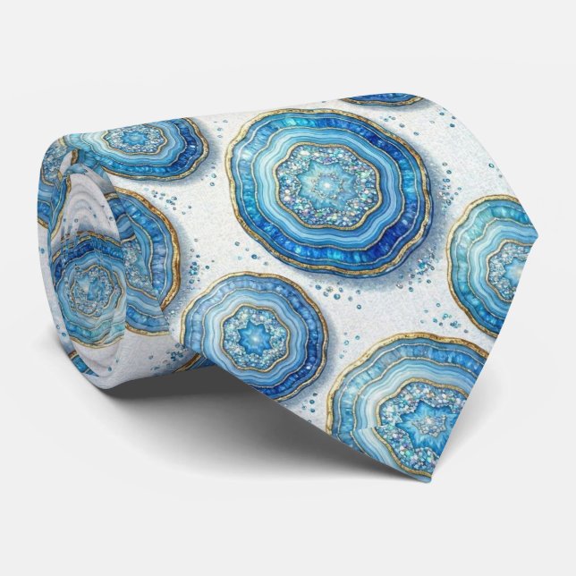 Luxo em Falso Seda | Gravata Oceano Azul Geodo (Rolled)