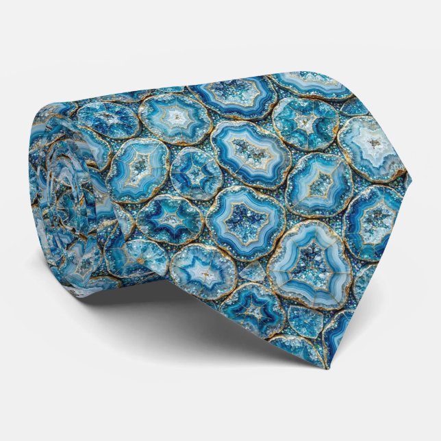 Luxo em Falso Seda | Gravata Oceano Azul Geodo (Rolled)