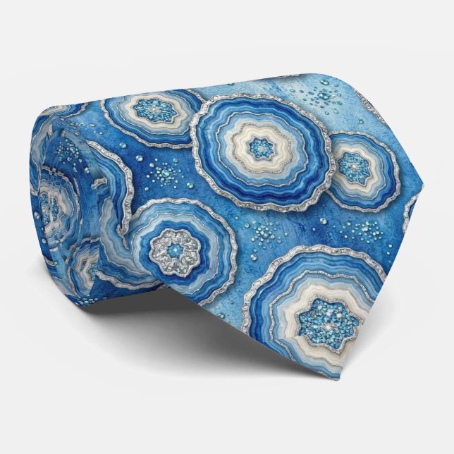 Luxo em Falso Seda | Gravata Oceano Azul Geodo (Rolled)