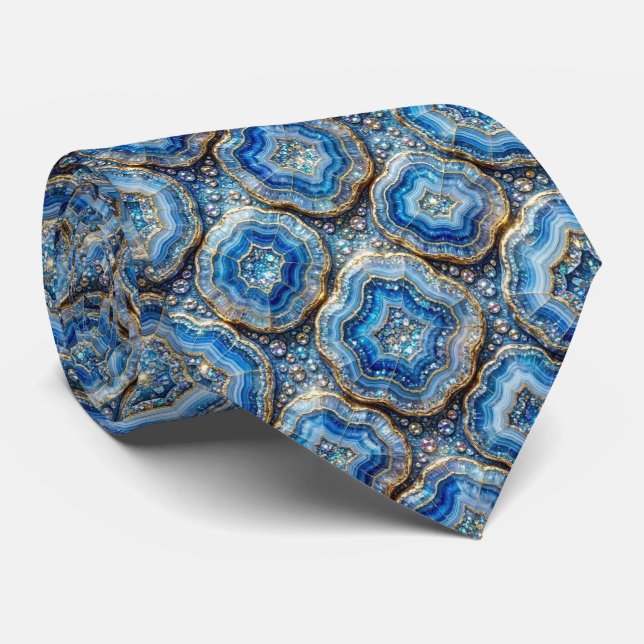 Luxo em Falso Seda | Gravata Oceano Azul Geodo (Rolled)