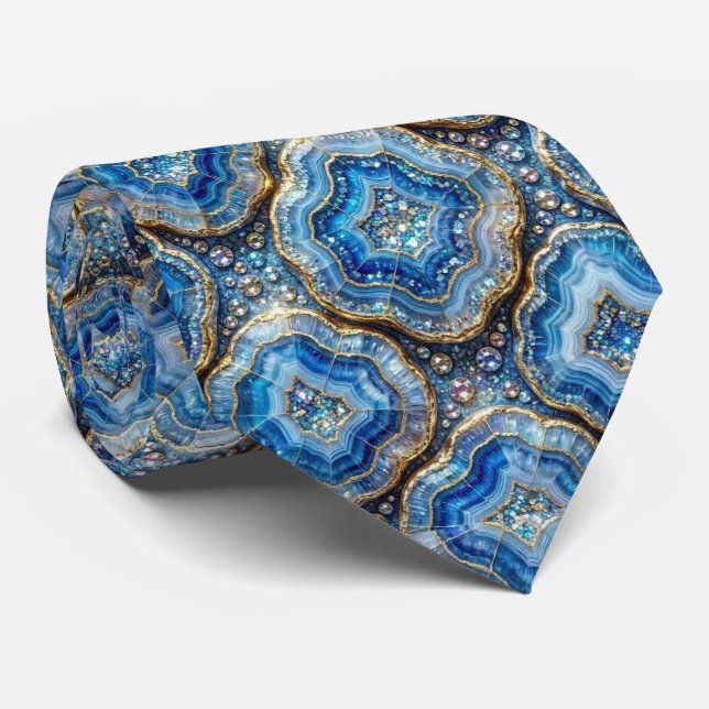 Luxo em Falso Seda | Gravata Oceano Azul Geodo (Rolled)