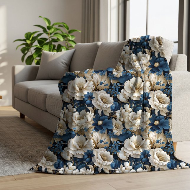 Luxuosa Cobertor Sherpa Macia Floral Azul Branco M (Opulent Blue White Ivory Floral Soft Sherpa Blanket)