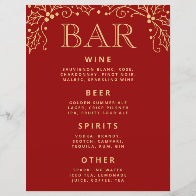 Luxuoso Cardápio de Bar de Casamento em Vermelho e (Frente)