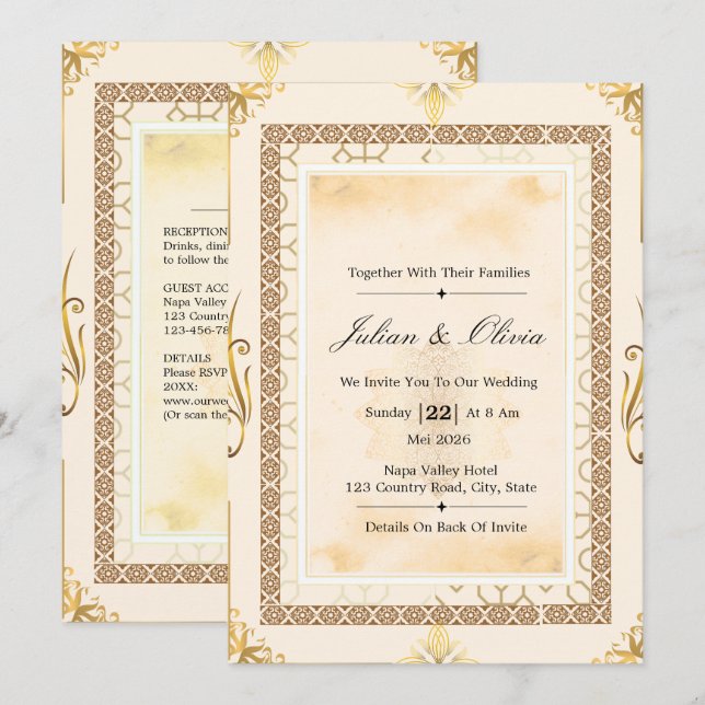 Luxuoso Conjunto de Convite de Casamento em Creme  (Frente/Verso)