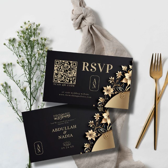 Luxuoso Convite de RSVP QR Floral Islâmico Dourado (Criador carregado)