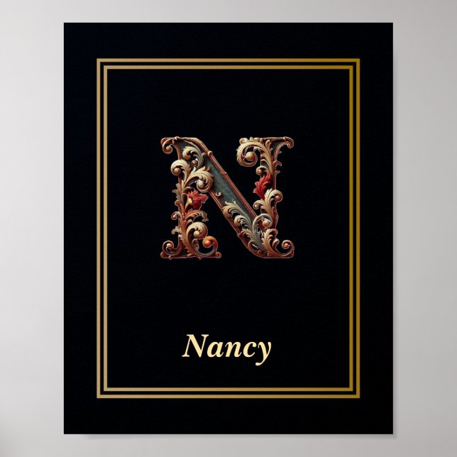 Luxury Baroque Letter N Monogram Poster  (Frente)