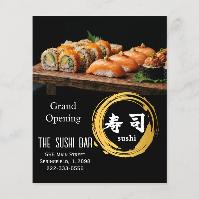 Luxury Black Gold Sushi Bar Grand Opening Flyer (Frente)