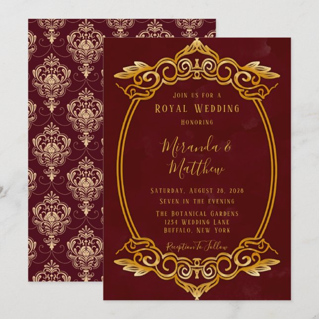 Luxury Burgundy e Dourado Convite Real ao Casament (Frente/Verso)