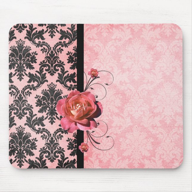 Luxury Elegante Damask rosa Rosa Mousepad (Frente)