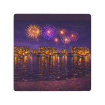 Luxury Waterfront Fireworks Night Canvas Wall Art 