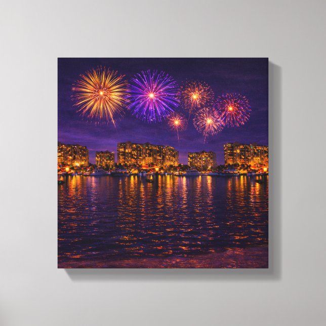 Luxury Waterfront Fireworks Night Canvas Wall Art  (Frente)
