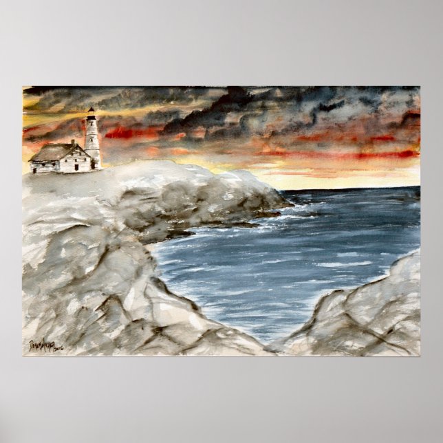 luz à noite 5 farol de impressão de arte de aquare (Frente)