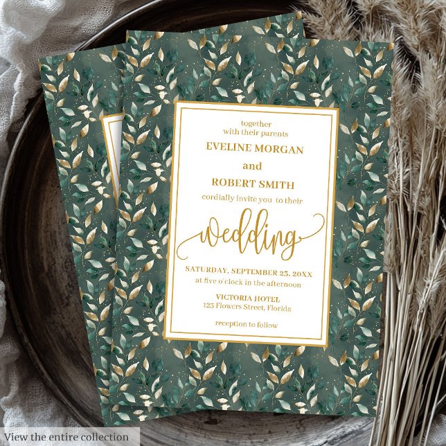 Luz verde-escura brilhante deixa Convites de casam (Glamorous Dark Green Gold Leaves Wedding Invitation)