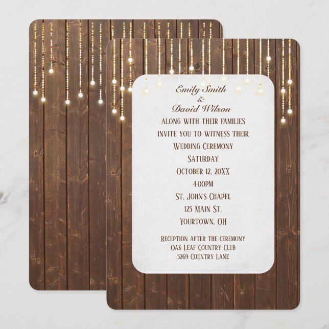 Luzes De Casamento No Convite Para Madeira De Barn (Frente/Verso)
