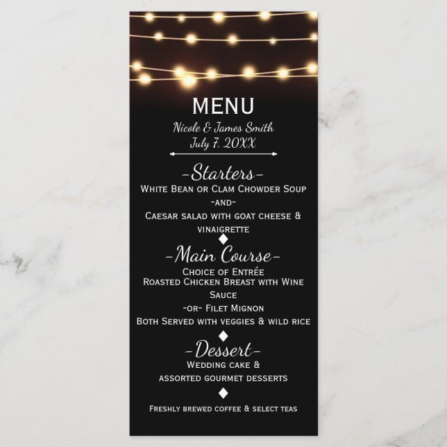 Luzes de Corda Âmbar Elegante Menu de Casamento (Frente)