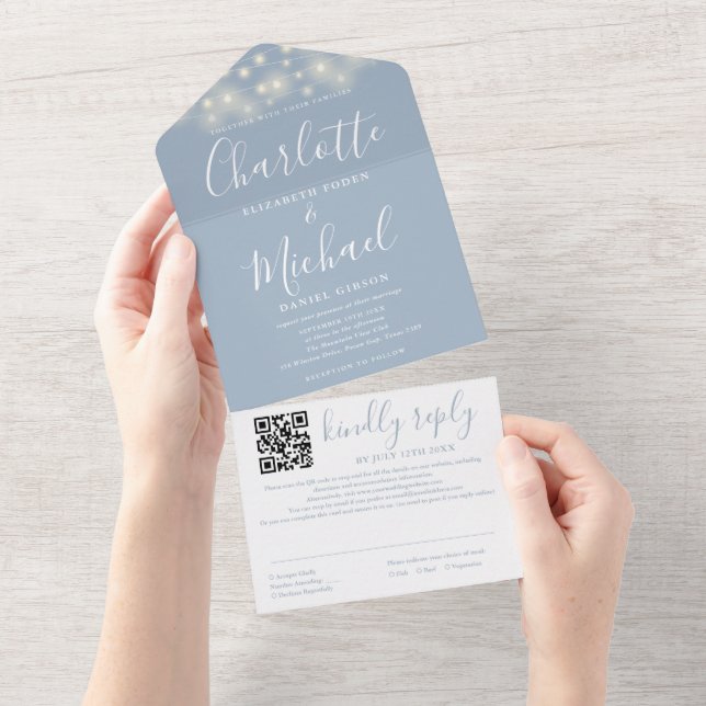 Luzes de Corda Azul Empoeirado Código QR Casamento (Aba destacável)