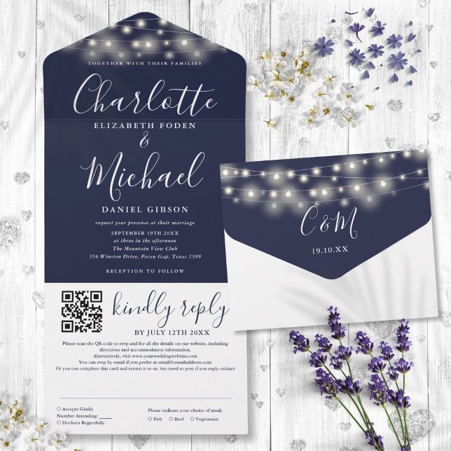 Luzes de Corda Azul Marinho Código QR Casamento (String Lights Navy Blue Script QR Code Wedding All In One Invitation)