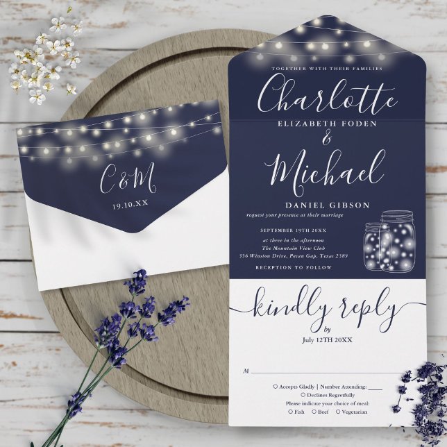 Luzes de Corda Azul Marinho em Potes de Pedra Casa (Navy Blue String Lights Mason Jars Wedding All In One Invitation)