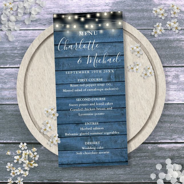 Luzes de Corda Casamento de Madeira Azul Menu Rúst (String Lights Rustic Blue Wood Wedding Menu)