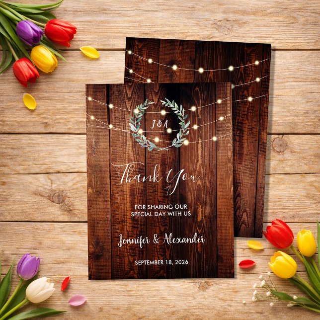 Luzes de corda com folhas rústicas Obrigado cartão (Rustic leaves string lights Thank you wedding card. Beautiful card to say thank you to your guests.)