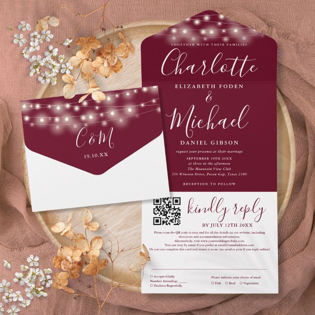 Luzes de Corda Convite de Casamento Código QR Scri (String Lights Burgundy Script QR Code Wedding All In One Invitation)