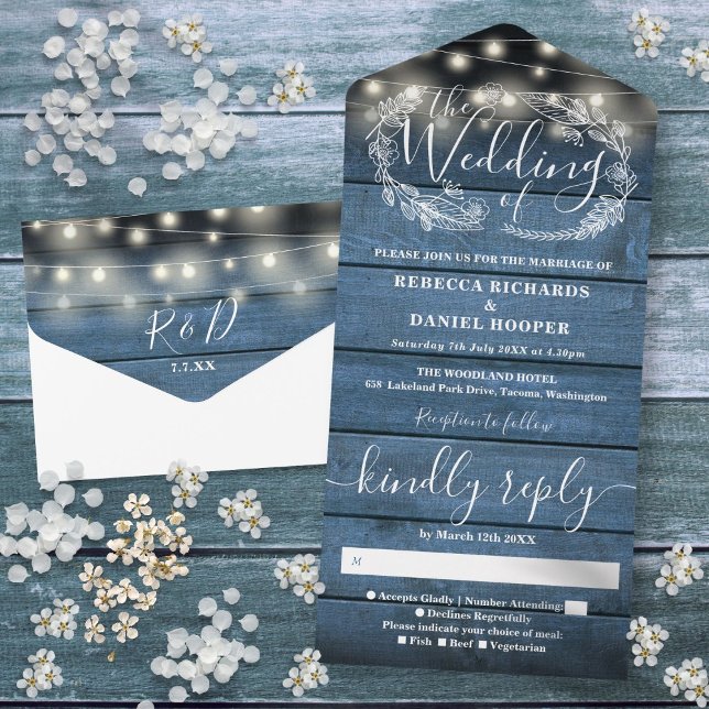 Luzes de Corda de Madeira Azul Rústica Floral Casa (Rustic Blue Wood String Lights Floral Wedding All All In One Invitation)