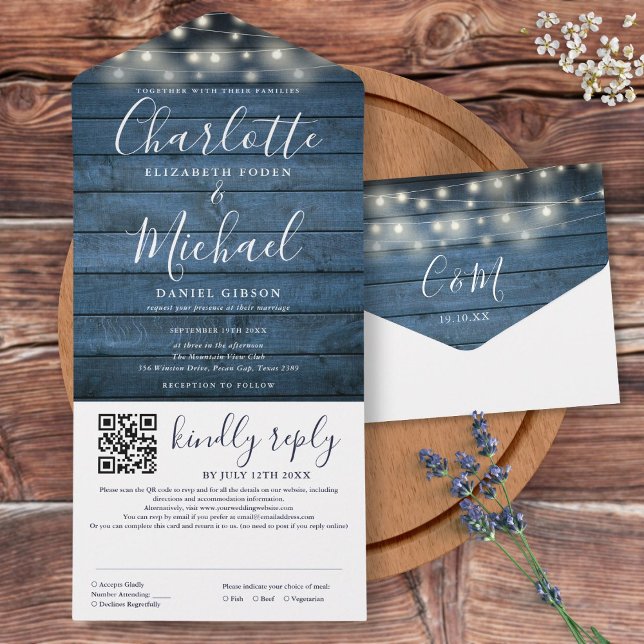 Luzes de Corda de Madeira Rústica Azul Código QR C (Blue Rustic Wood String Lights QR Code Wedding All In One Invitation)