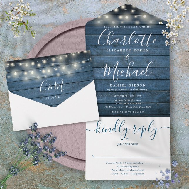 Luzes de Corda de Madeira Rústica Azul Monograma C (Blue Rustic Wood String Lights Monogram Wedding All In One Invitation)