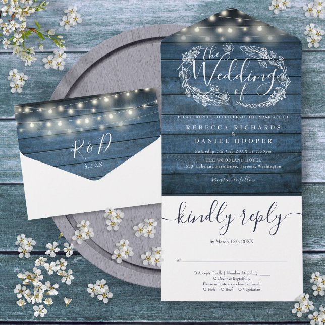 Luzes de Corda de Madeira Rústica Azul para Casame (Blue Rustic Wood String Lights Floral Wedding All In One Invitation)