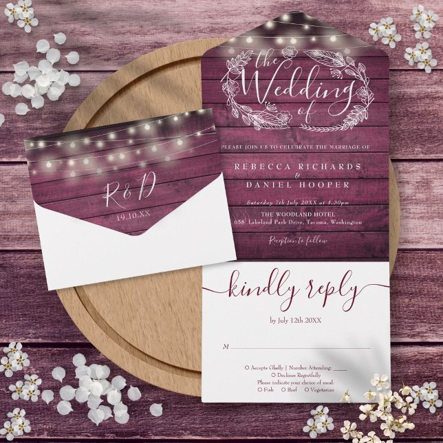 Luzes de Corda de Madeira Vermelha Rústica para Ca (Rustic Red Wood String Lights Floral Wedding All In One Invitation)