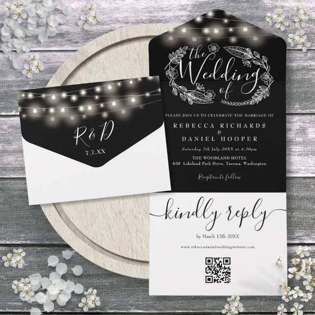 Luzes de Corda em Preto e Branco Código QR Casamen (Black And White String Lights QR Code Wedding All In One Invitation)