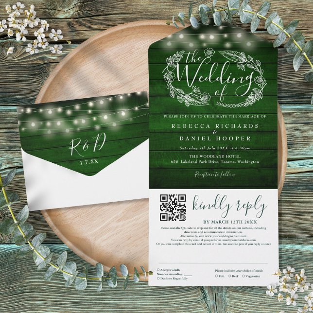 Luzes de Corda Esmeralda Rústica com Código QR Cas (Rustic Emerald Green String Lights QR Code Wedding All In One Invitation)