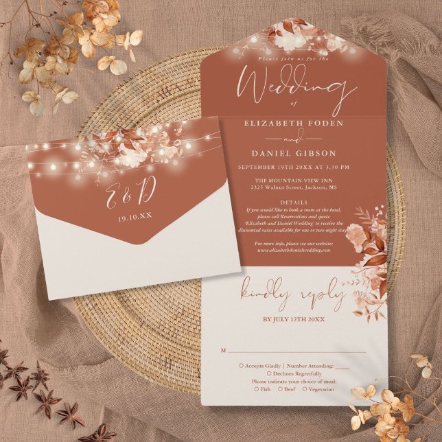 Luzes de Corda Florais Rústicas Detalhes Casamento (Rustic Floral String Lights Details Fall Wedding All In One Invitation)