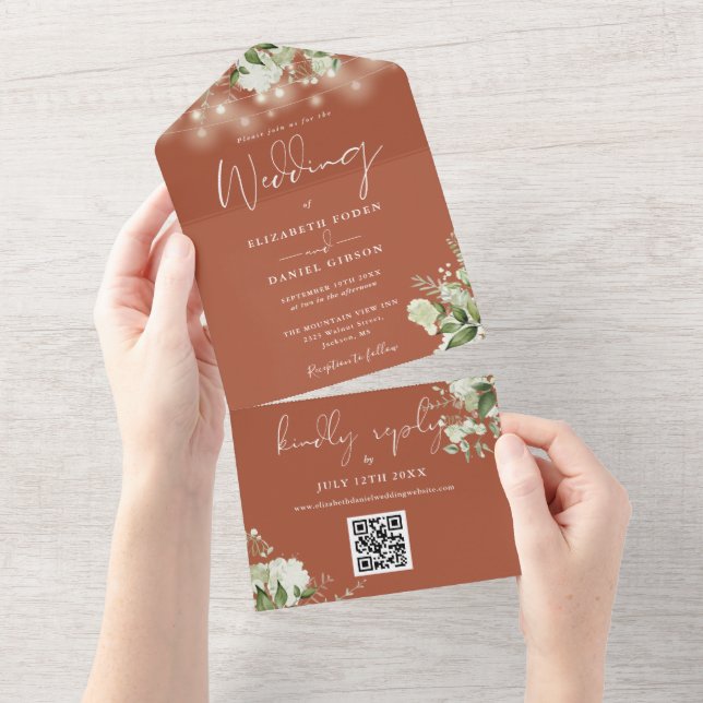 Luzes de Corda Floral de Terracota Código QR Casam (Aba destacável)