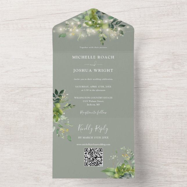 Luzes de Corda Folhagem Código QR Casamento Verde  (Interno)