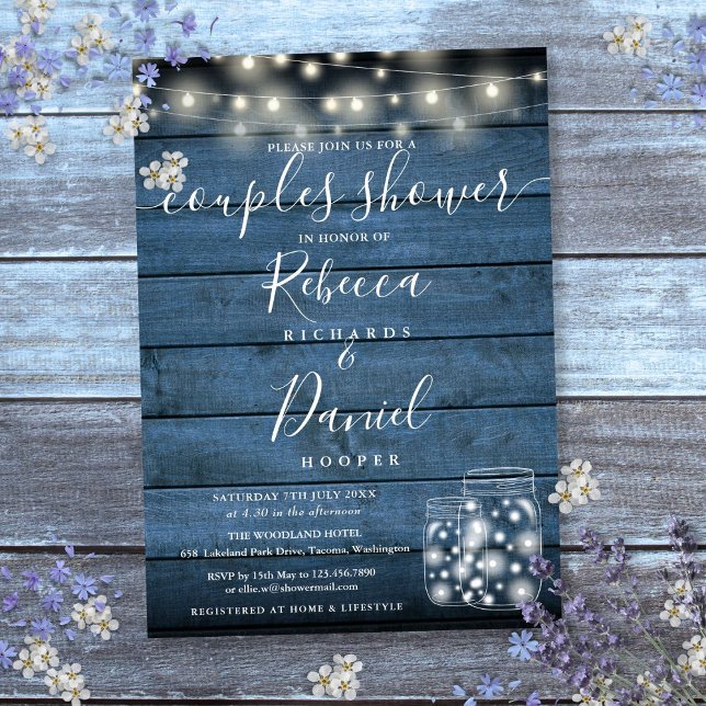 Luzes de Corda Jarras Azuis Casal Convite de Chá (String Lights Blue Jars Script Couples Shower Invitation)