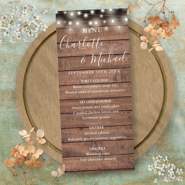 Luzes de Corda Menu de Casamento em Madeira Rústic (String Lights Rustic Wood Wedding Menu)