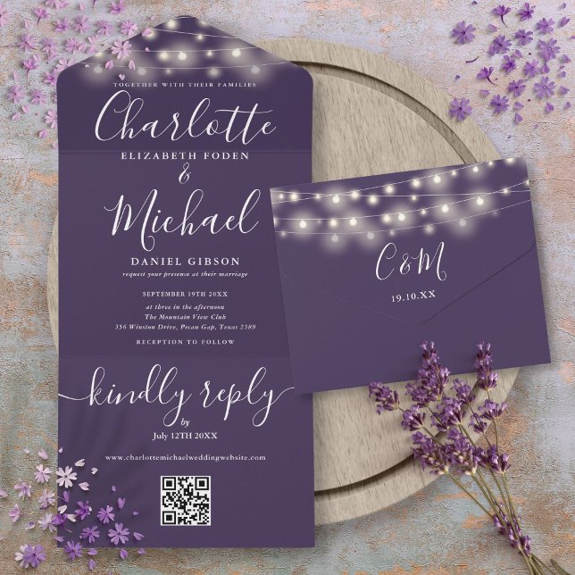 Luzes de Corda Roxas Código QR Convite de Casament (Purple String Lights QR Code Monogram Wedding All In One Invitation)