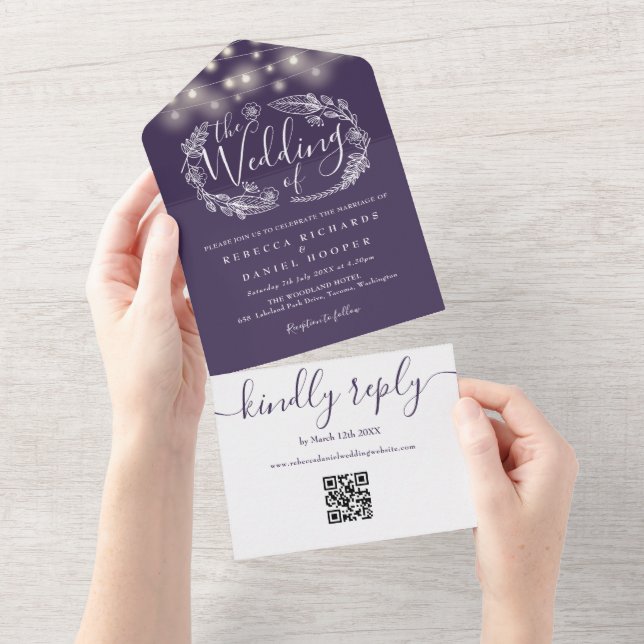 Luzes de Corda Roxas Código QR Floral Casamento (Aba destacável)