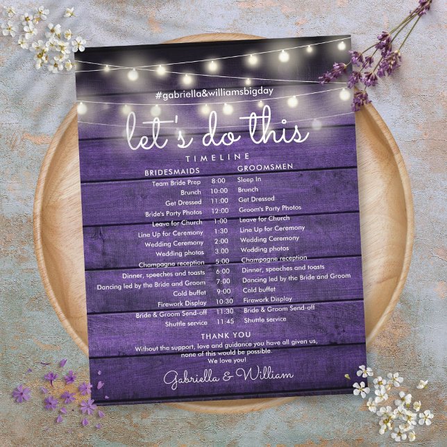 Luzes de Corda Rústicas Roxas Cronologia de Casame (String Lights Rustic Purple Wood Wedding Timeline)
