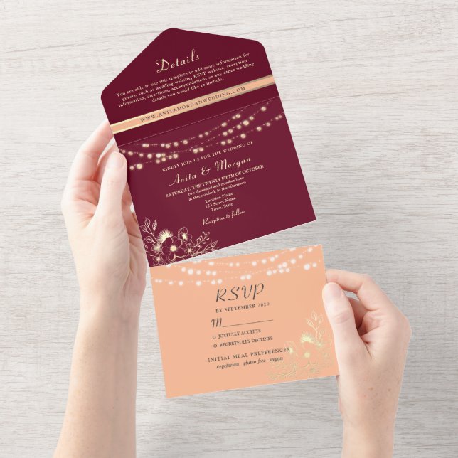 Luzes de Corda Rústico Borgonha Pêssego Casamento (Aba destacável)