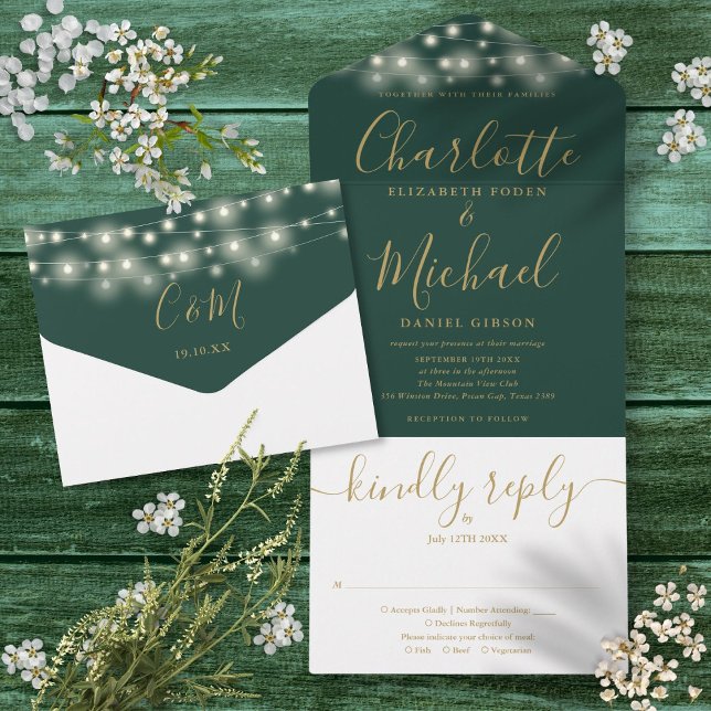 Luzes de Corda Verde Esmeralda Bodas com Letra Dou (Emerald Green String Lights Gold Script Wedding All In One Invitation)