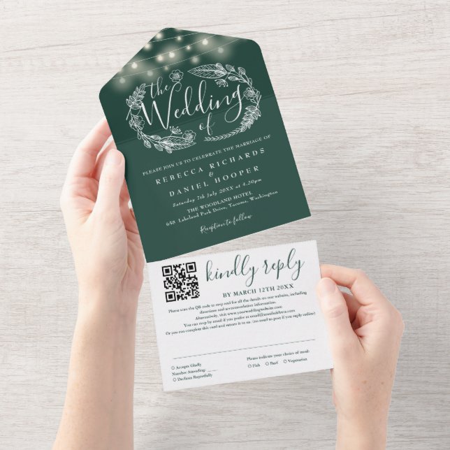 Luzes de Corda Verde Esmeralda Código QR Casamento (Aba destacável)