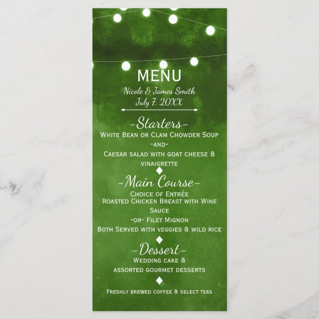 Luzes de Corda Verde Rústicas Menu de Casamento El (Frente)