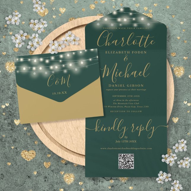 Luzes de Corda Verdes e Douradas Código QR Casamen (Green And Gold String Lights QR Code Wedding All In One Invitation)