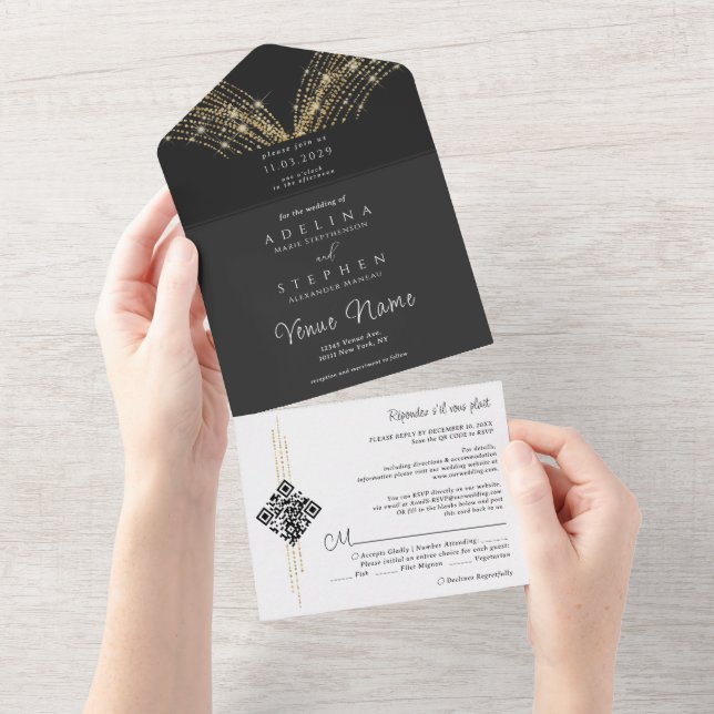 Luzes de Fadas Elegantes Preto e Dourado Código QR (Tearaway)