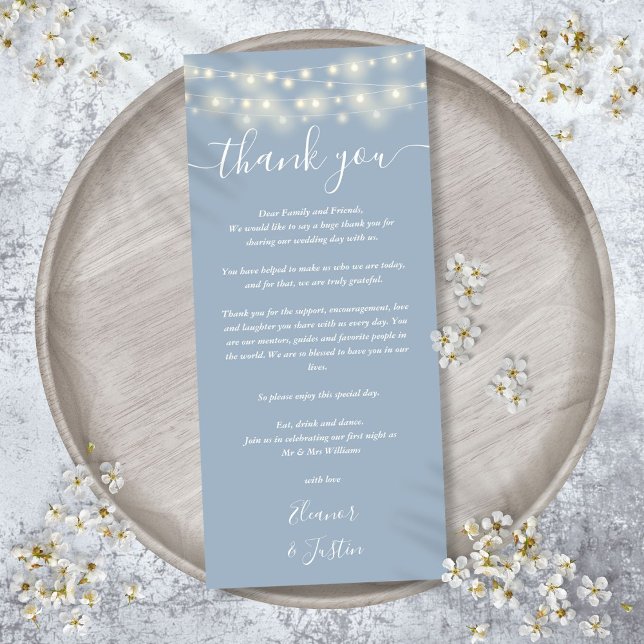 Luzes de Obrigado no Casamento Cartão de Mesa Azul (Wedding Thank You Lights Dusty Blue Place Card)